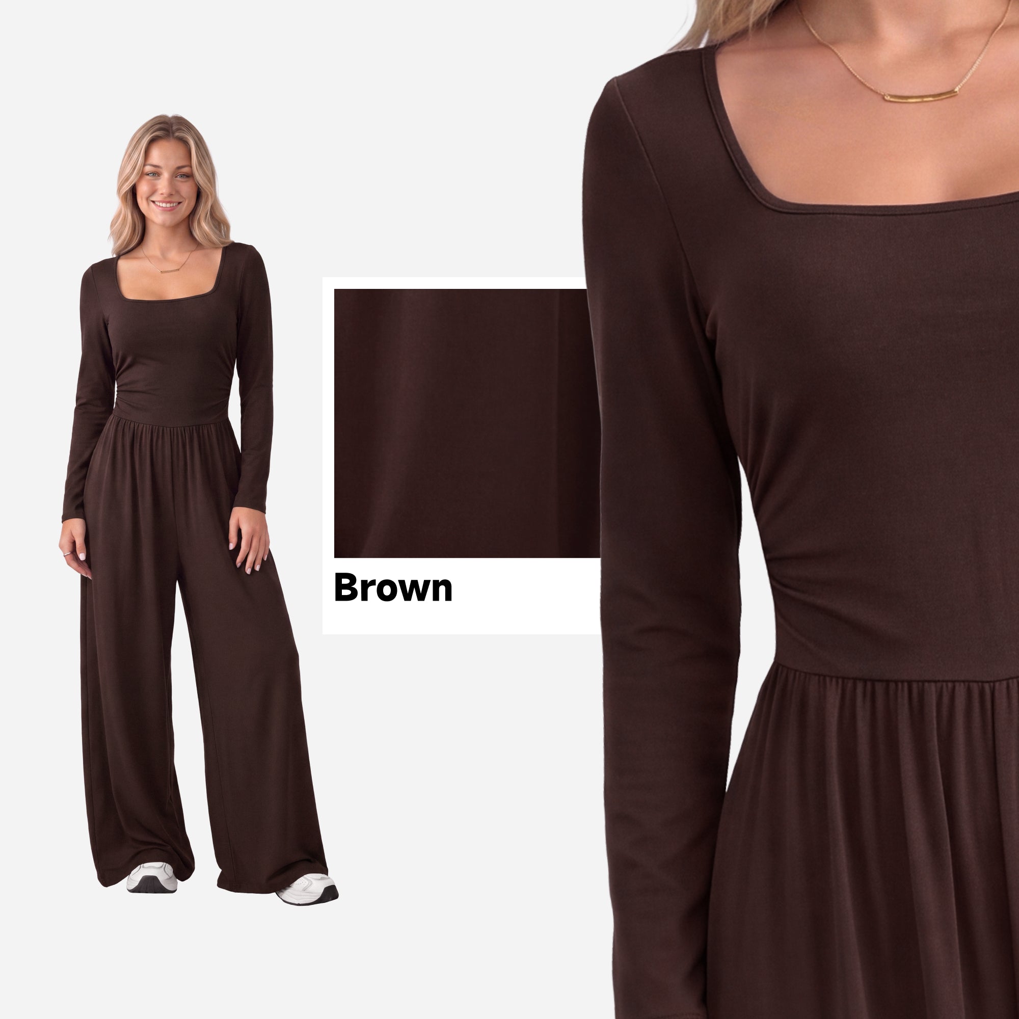 【One & Done】SHOWITTY Womens Long Sleeve Wide Leg Jumpsuit Square Neck Stretchy One Piece Outfit Casual Romper