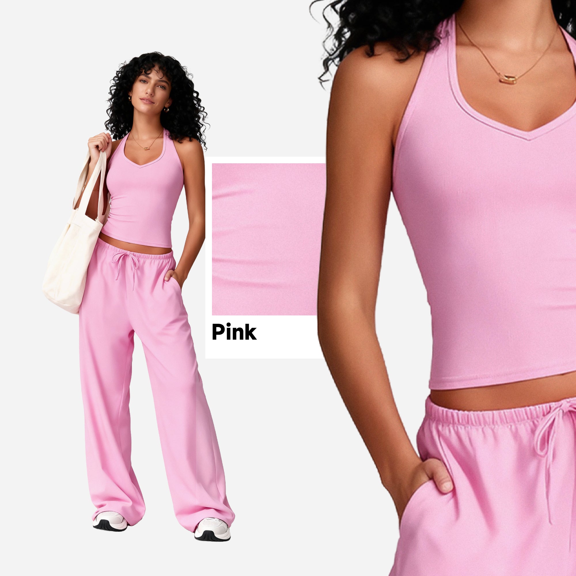 SHOWITTY Womens Athleisure 2 Piece Set, Built-In Bra Tank Top & Wide-Leg Pants with Pockets, Open Back Active Outfit