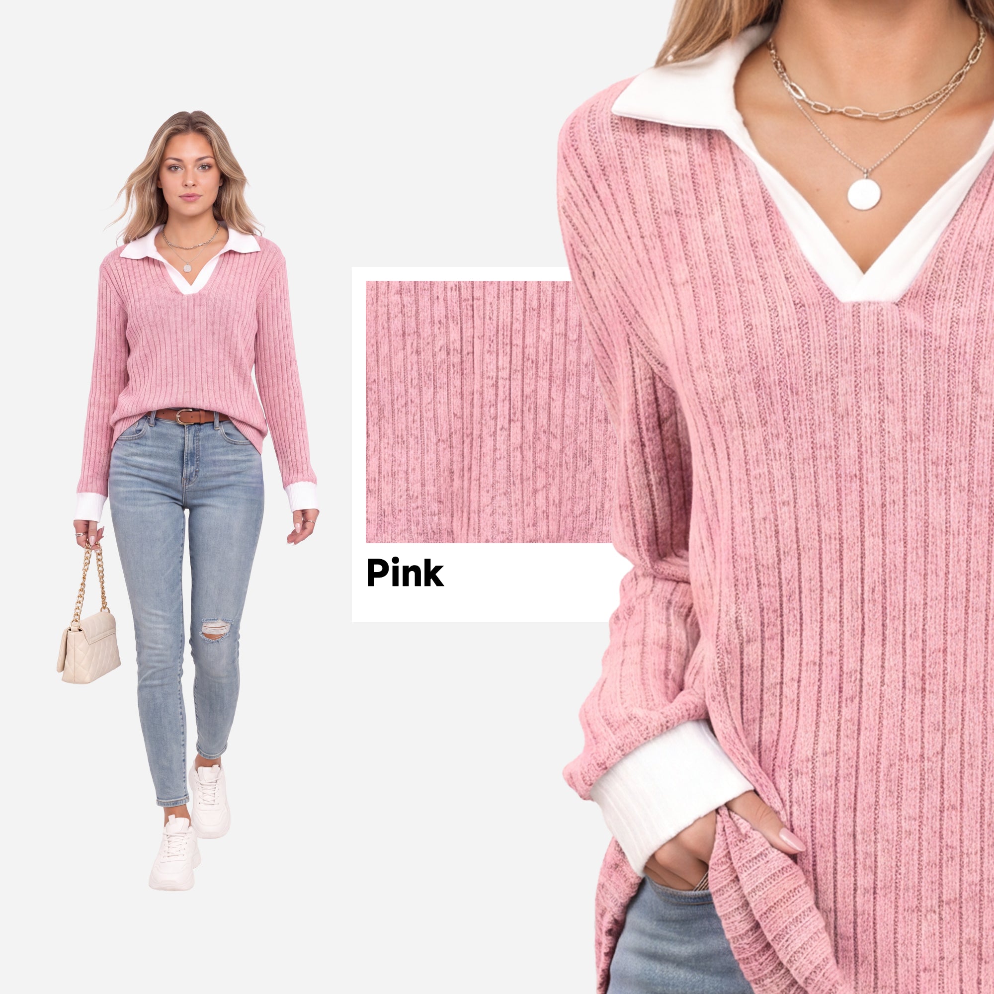 【Soft Layers】SHOWITTY Womens Long Sleeve Knit Polo Shirt Contrast Collar Soft Stretch Pullover Top Casual Blouse
