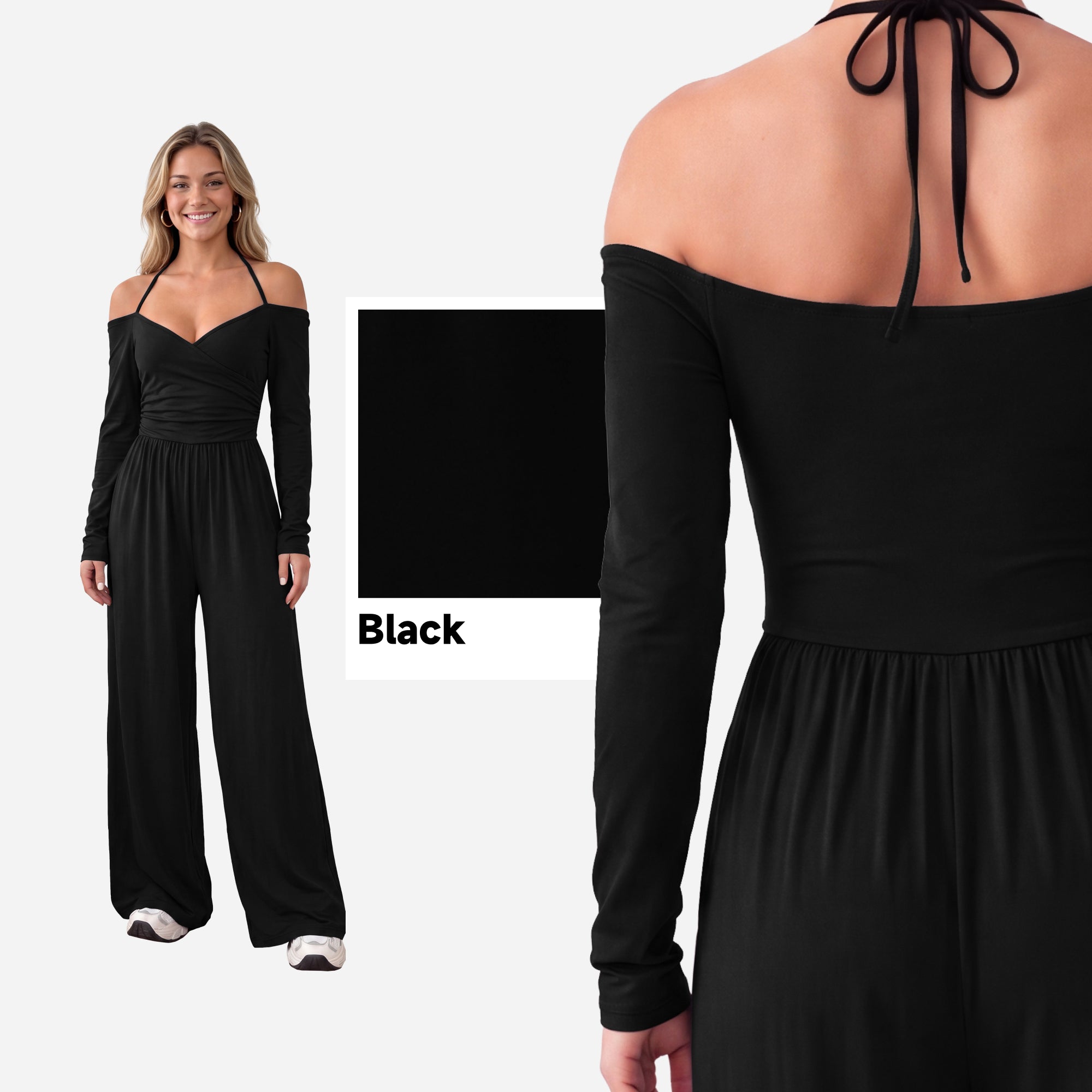 【One & Done】SHOWITTY Womens Long Sleeve Wide Leg Jumpsuit Off Shoulder One Piece Outfit Stretchy Casual Romper