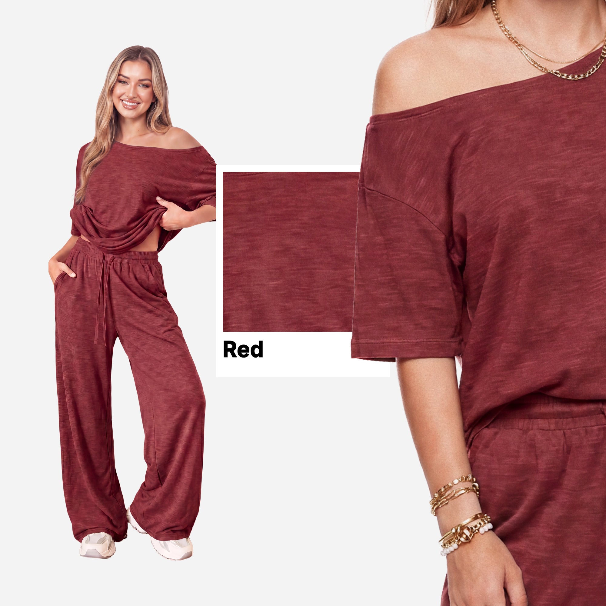 SHOWITTY Womens 2 Piece Outfit, One Shoulder Top Drawstring Wide Leg Pants with Pockets Street wear Set