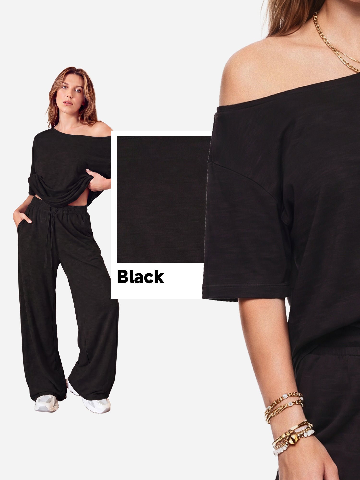 SHOWITTY Womens 2 Piece Outfit, One Shoulder Top Drawstring Wide Leg Pants with Pockets Street wear Set
