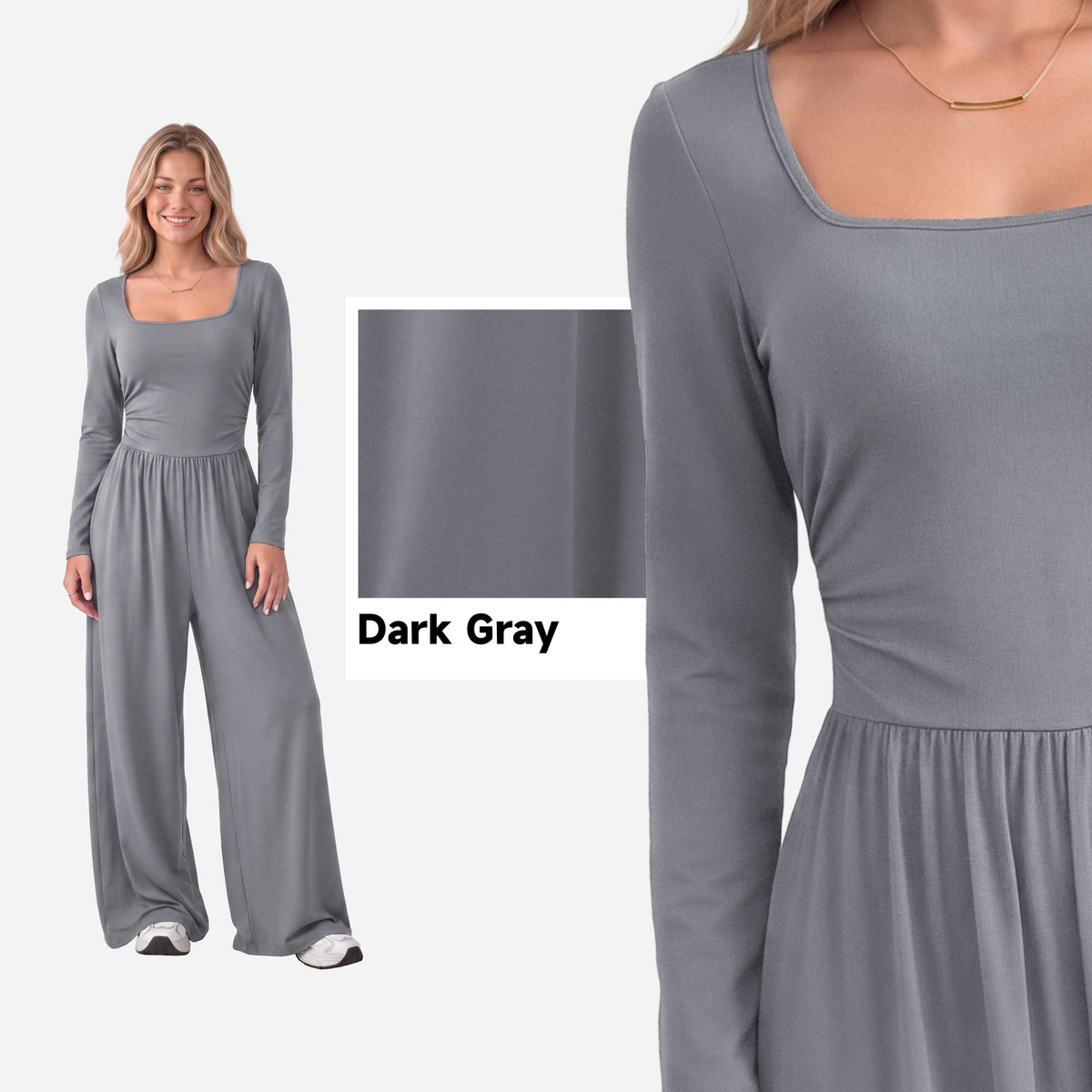 【One & Done】SHOWITTY Womens Long Sleeve Wide Leg Jumpsuit Square Neck Stretchy One Piece Outfit Casual Romper