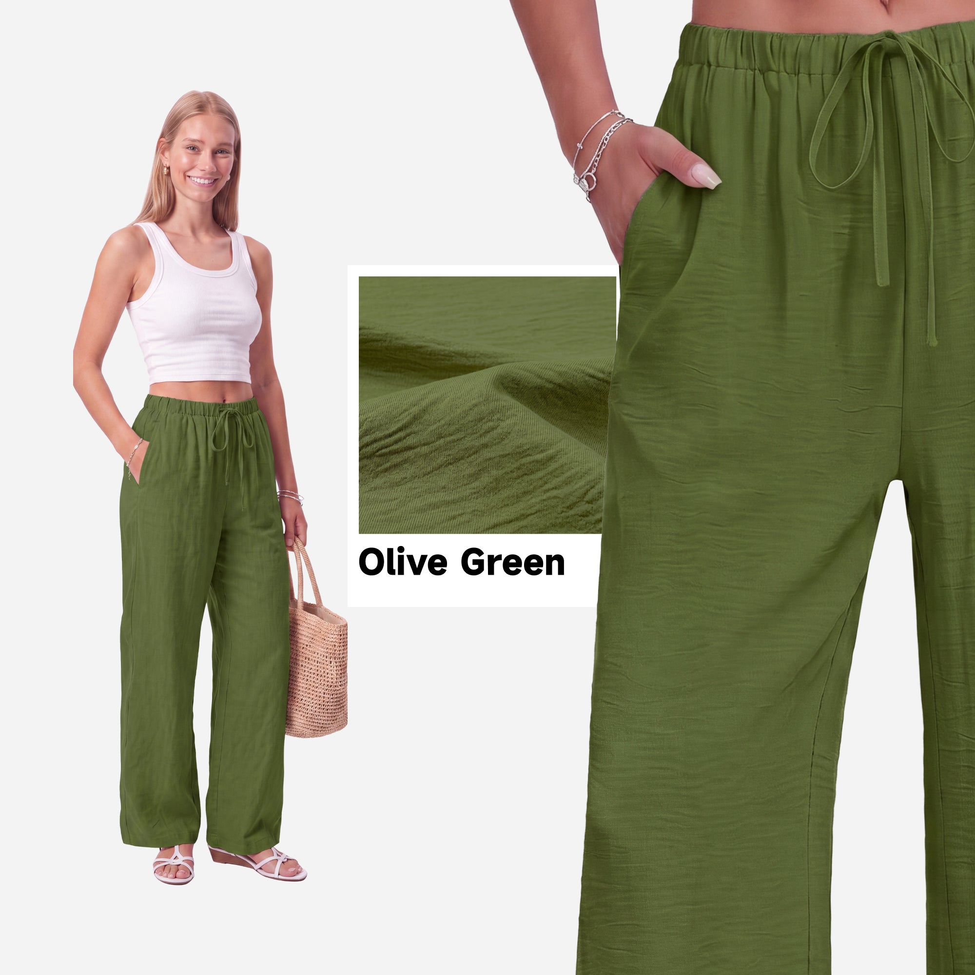 SHOWITTY Womens Linen-Look Wide Leg Palazzo Pants with Pockets Drawstring Summer Trousers