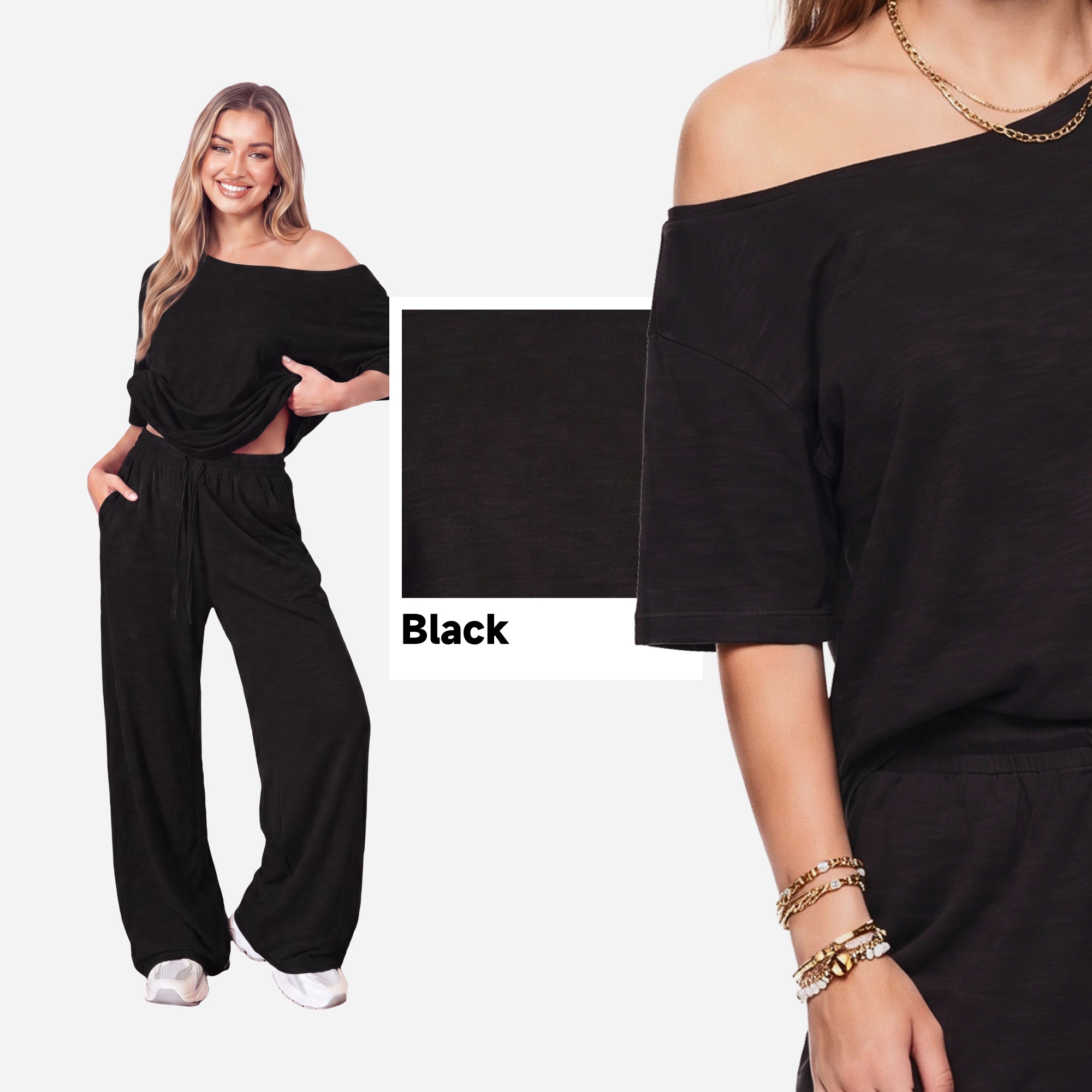 SHOWITTY Womens 2 Piece Outfit, One Shoulder Top Drawstring Wide Leg Pants with Pockets Street wear Set