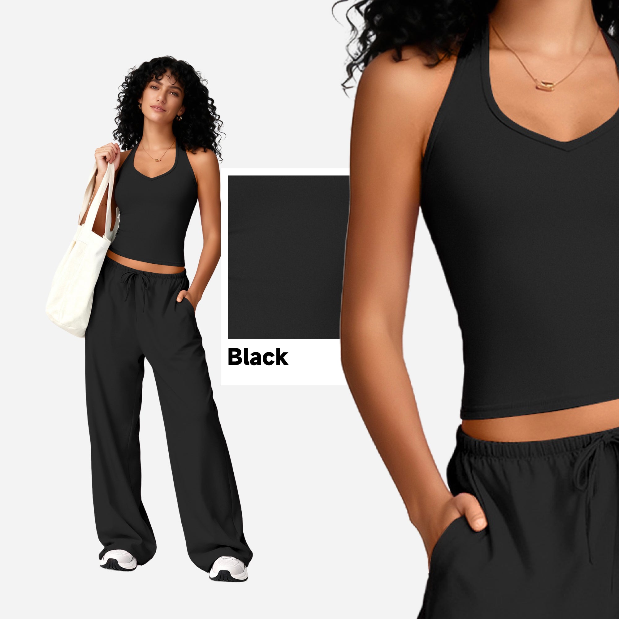 SHOWITTY Womens Athleisure 2 Piece Set, Built-In Bra Tank Top & Wide-Leg Pants with Pockets, Open Back Active Outfit