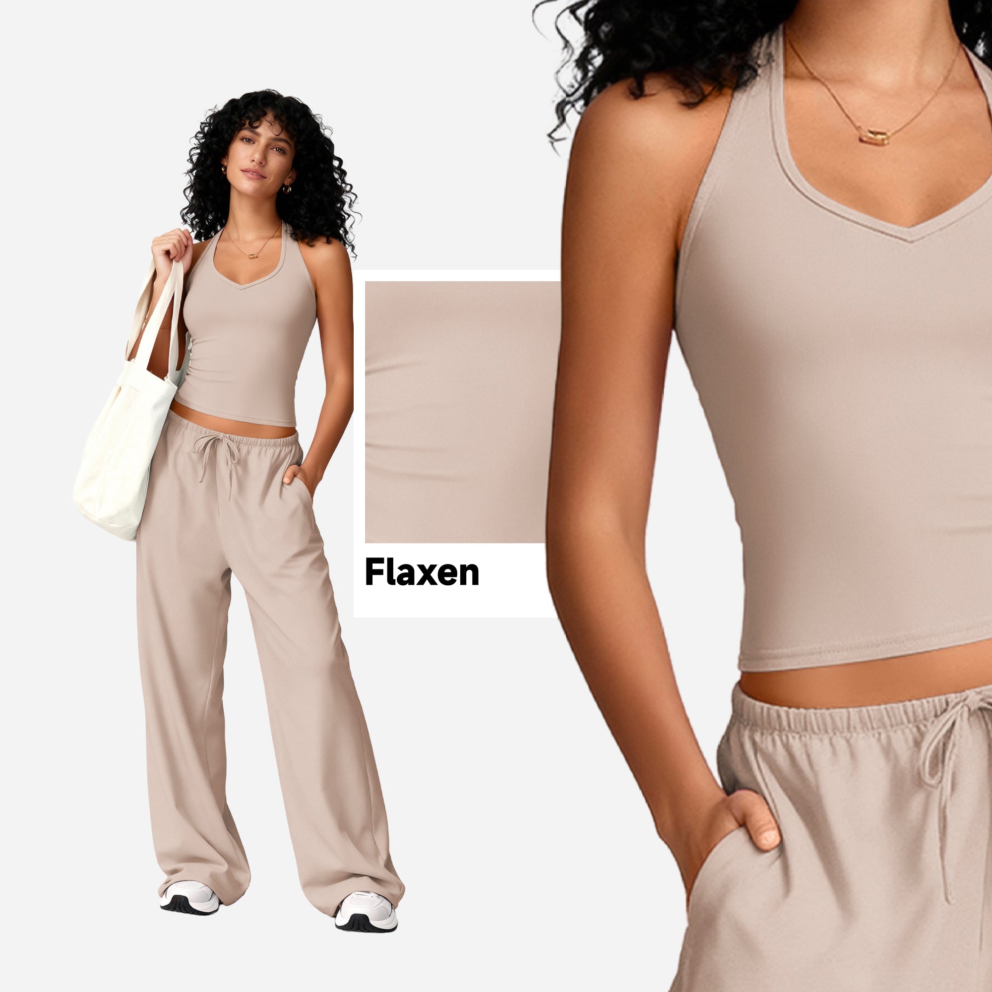 SHOWITTY Womens Athleisure 2 Piece Set, Built-In Bra Tank Top & Wide-Leg Pants with Pockets, Open Back Active Outfit