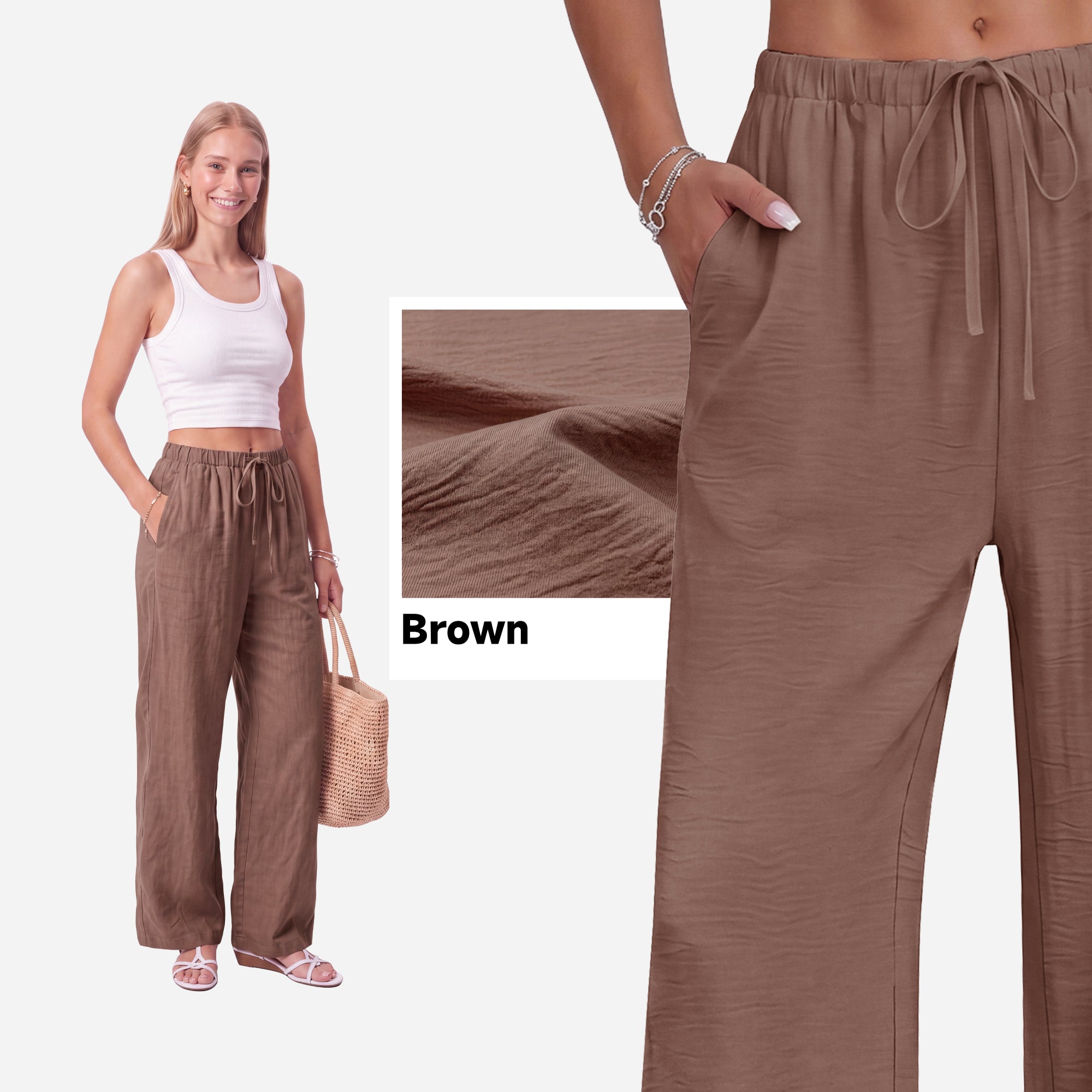SHOWITTY Womens Linen-Look Wide Leg Palazzo Pants with Pockets Drawstring Summer Trousers