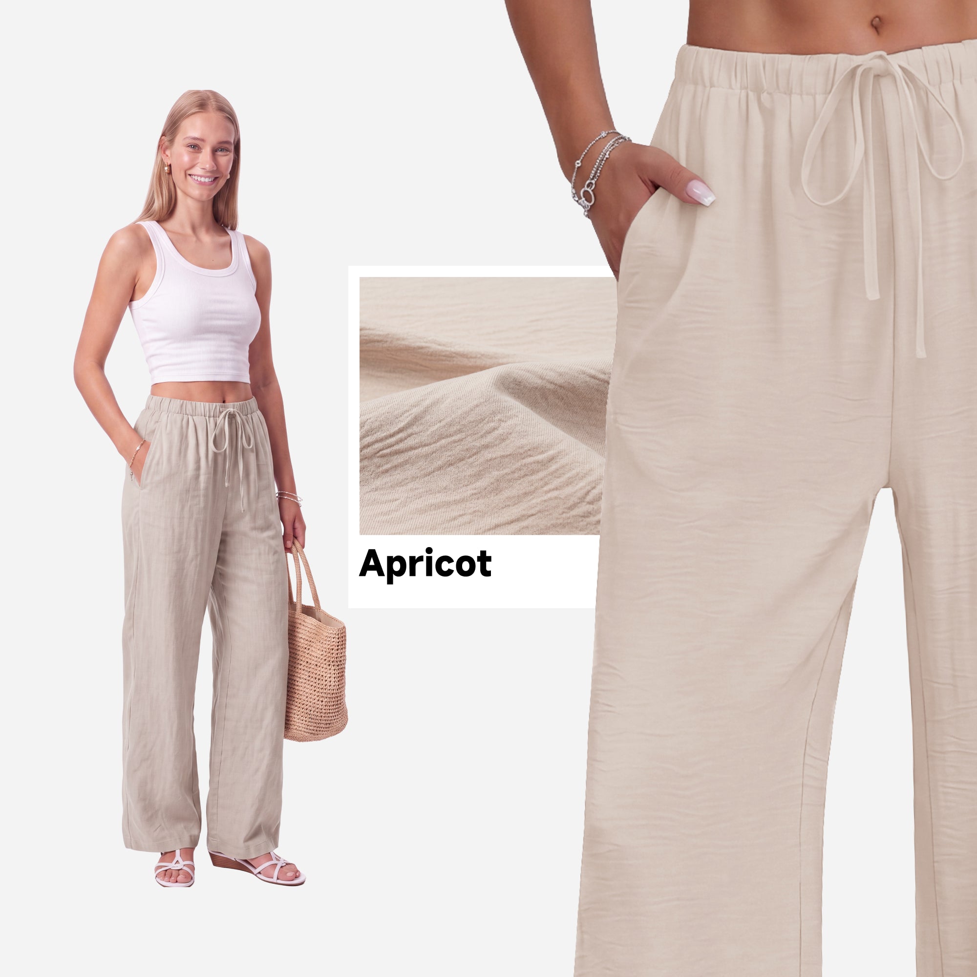 SHOWITTY Womens Linen-Look Wide Leg Palazzo Pants with Pockets Drawstring Summer Trousers
