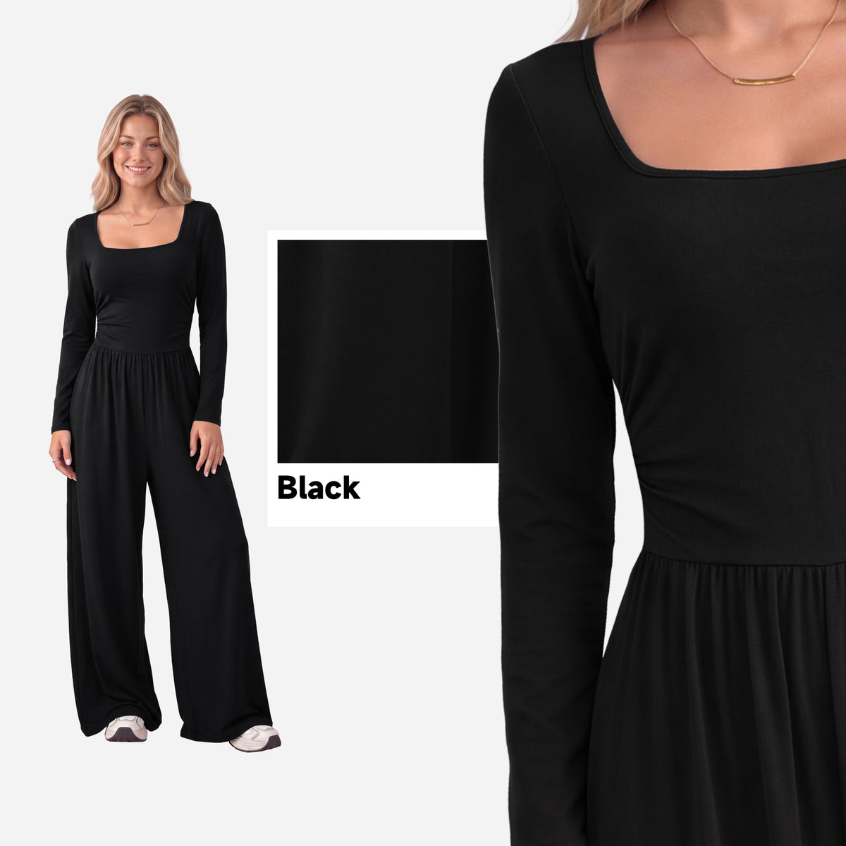 【One & Done】SHOWITTY Womens Long Sleeve Wide Leg Jumpsuit Square Neck Stretchy One Piece Outfit Casual Romper