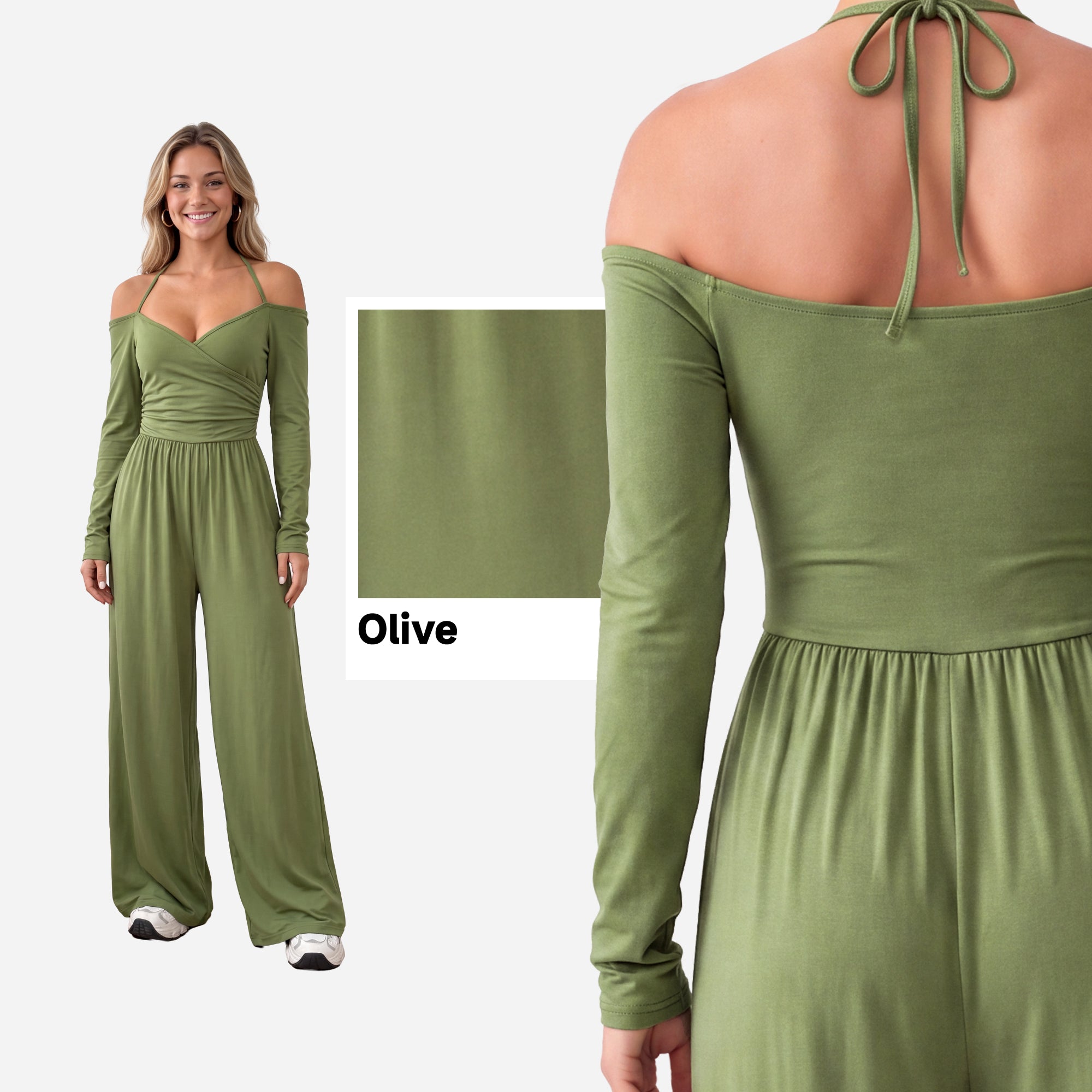 【One & Done】SHOWITTY Womens Long Sleeve Wide Leg Jumpsuit Off Shoulder One Piece Outfit Stretchy Casual Romper