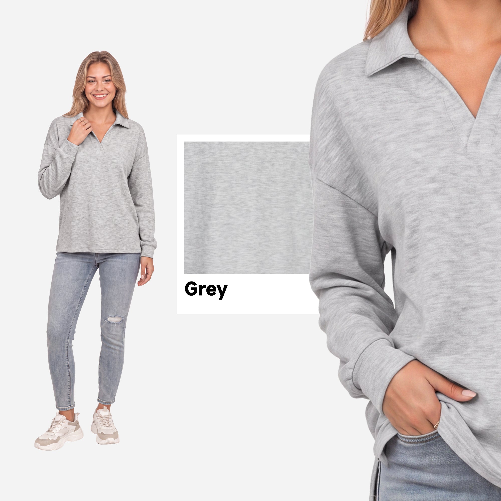 【Everyday Minimal】SHOWITTY Womens V Neck Polo Sweatshirt Long Sleeve Collared Pullover Top High Low Hem Casual Shirt