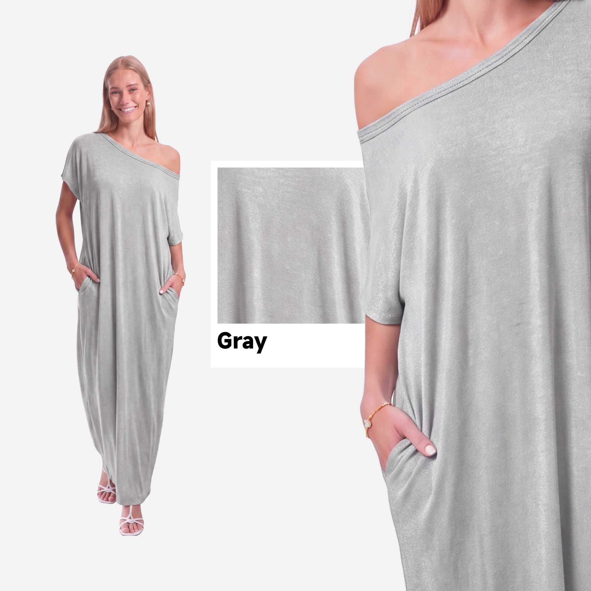 SHOWITTY Womens One Shoulder Batwing Sleeve Casual Dress with Hidden Pockets Soft Stretch Summer Dress