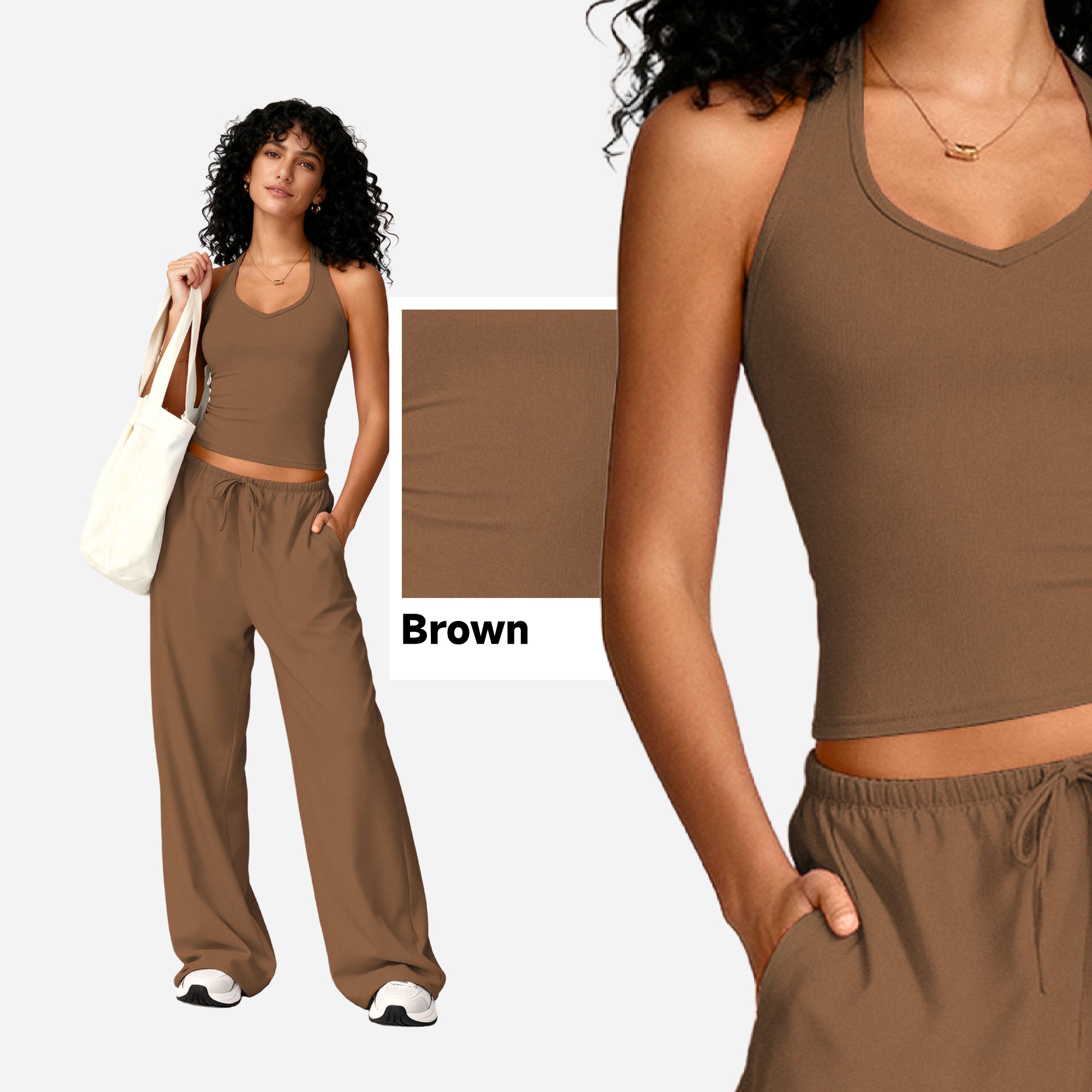 SHOWITTY Womens Athleisure 2 Piece Set, Built-In Bra Tank Top & Wide-Leg Pants with Pockets, Open Back Active Outfit