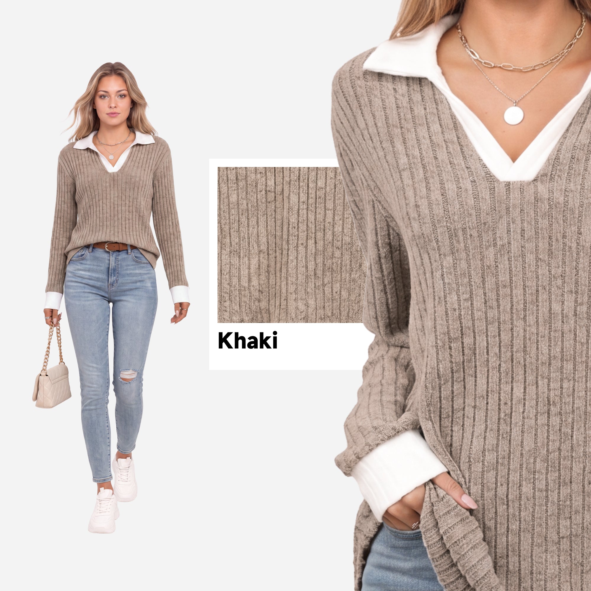 【Soft Layers】SHOWITTY Womens Long Sleeve Knit Polo Shirt Contrast Collar Soft Stretch Pullover Top Casual Blouse