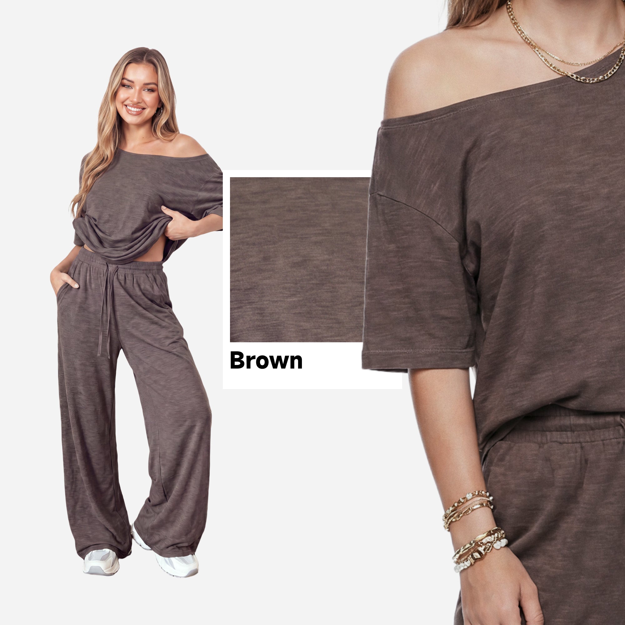 SHOWITTY Womens 2 Piece Outfit, One Shoulder Top Drawstring Wide Leg Pants with Pockets Street wear Set