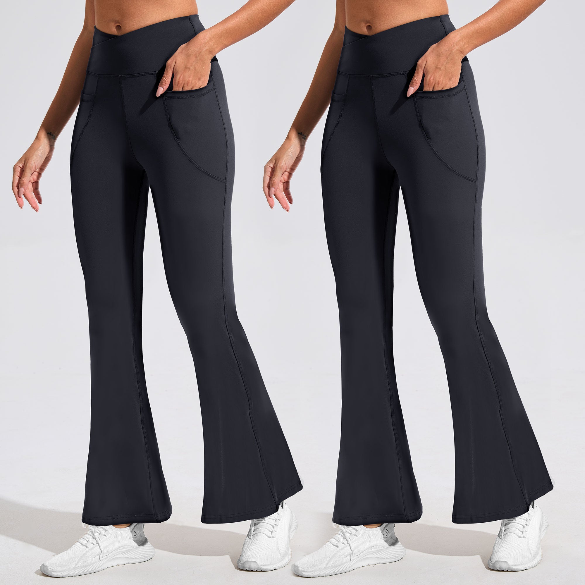 SHOWITTY 2-Pack Flare Leggings for Women with Pockets – Crossover High-Waisted Black Workout Yoga Pants