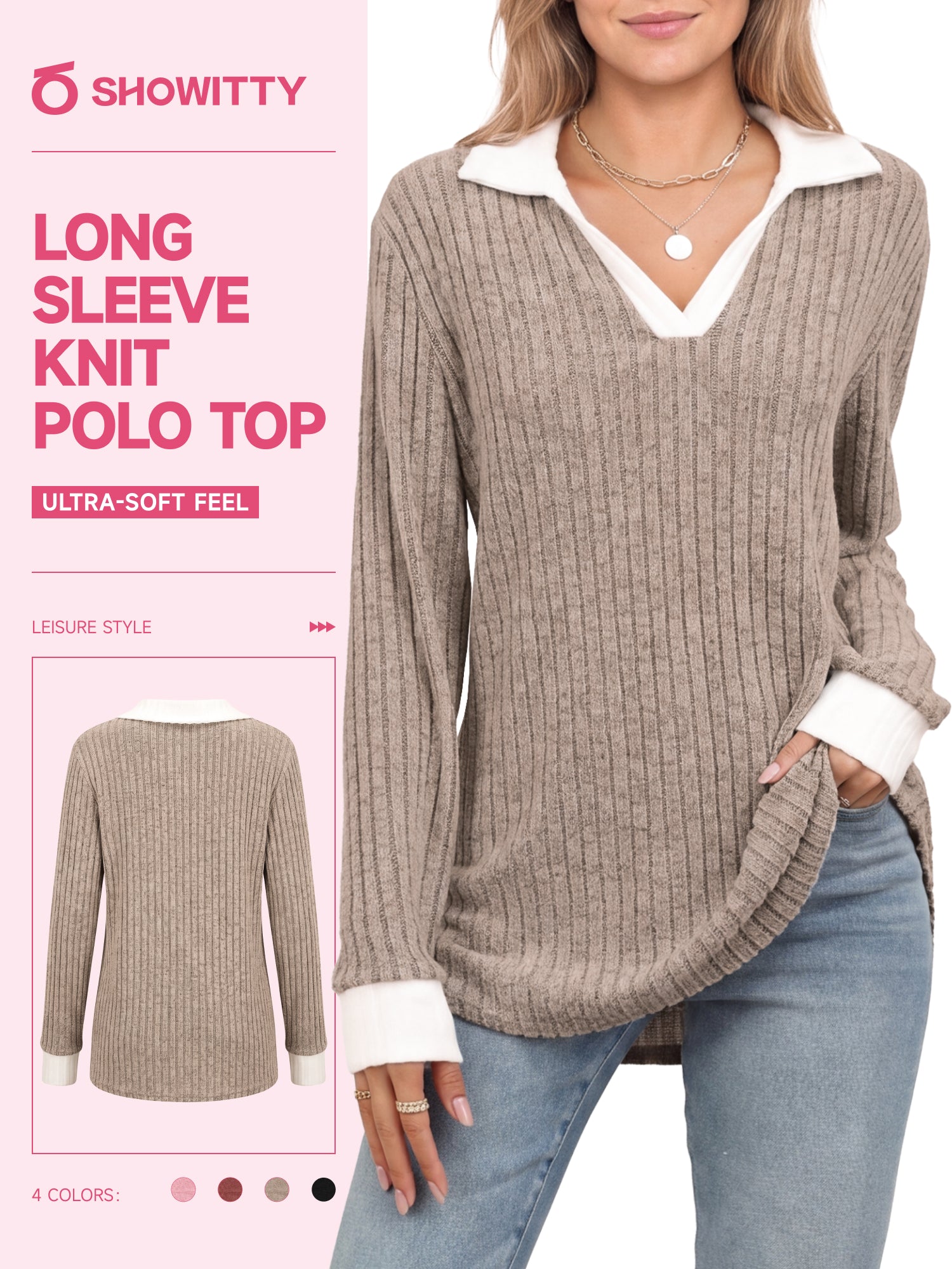 【Soft Layers】SHOWITTY Womens Long Sleeve Knit Polo Shirt Contrast Collar Soft Stretch Pullover Top Casual Blouse