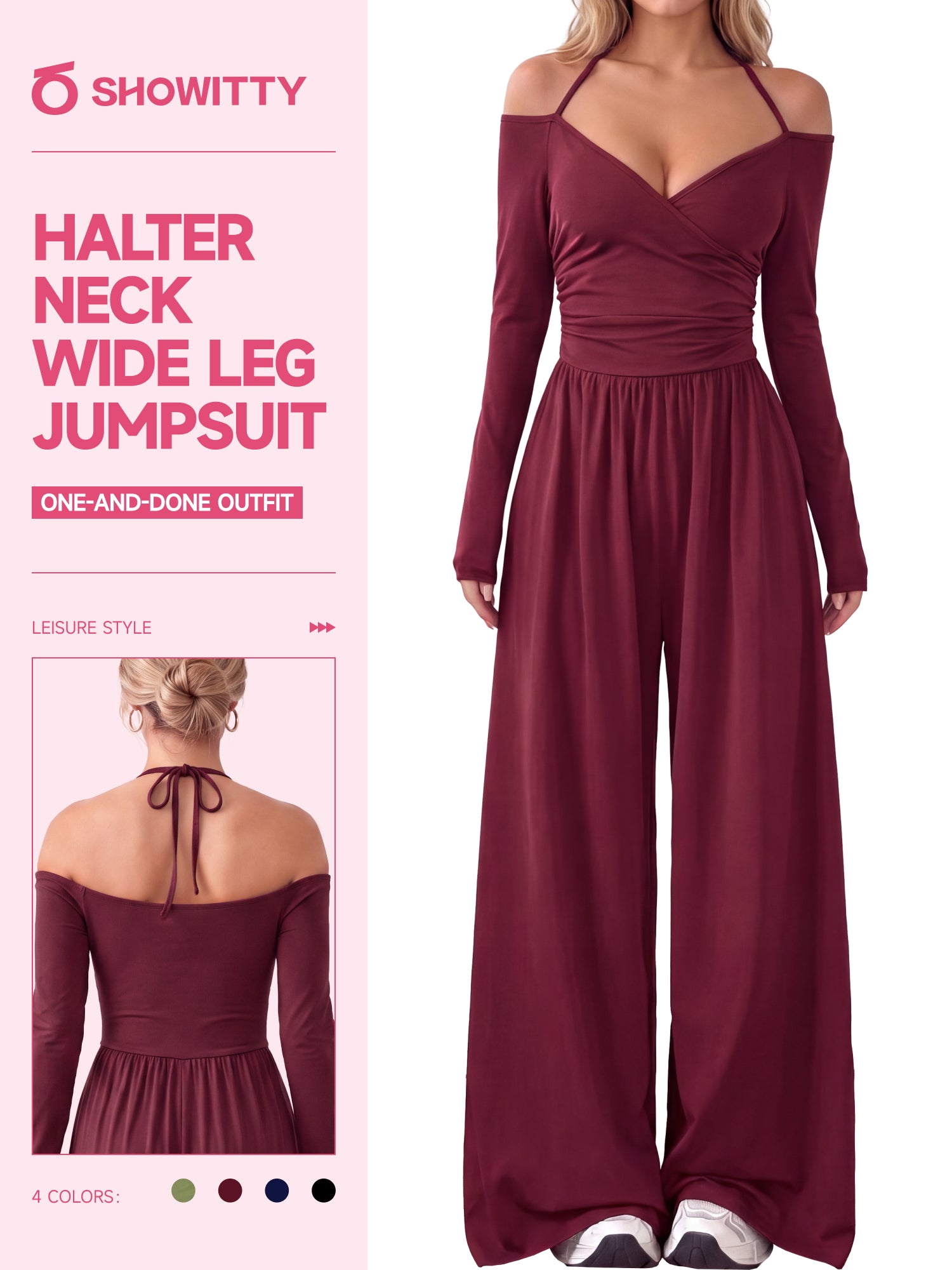 【One & Done】SHOWITTY Womens Long Sleeve Wide Leg Jumpsuit Off Shoulder One Piece Outfit Stretchy Casual Romper