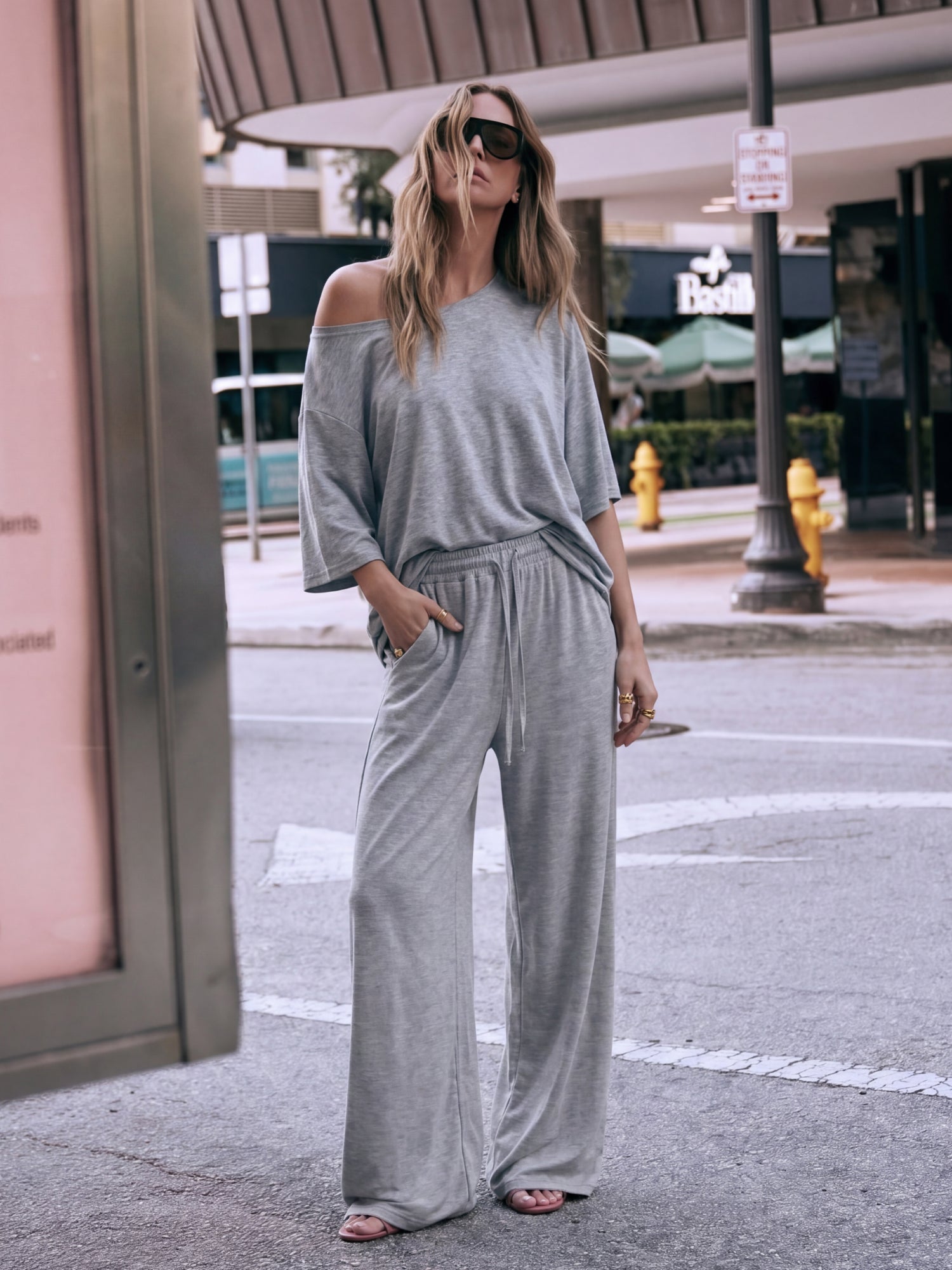 SHOWITTY Womens 2 Piece Outfit, One Shoulder Top Drawstring Wide Leg Pants with Pockets Street wear Set