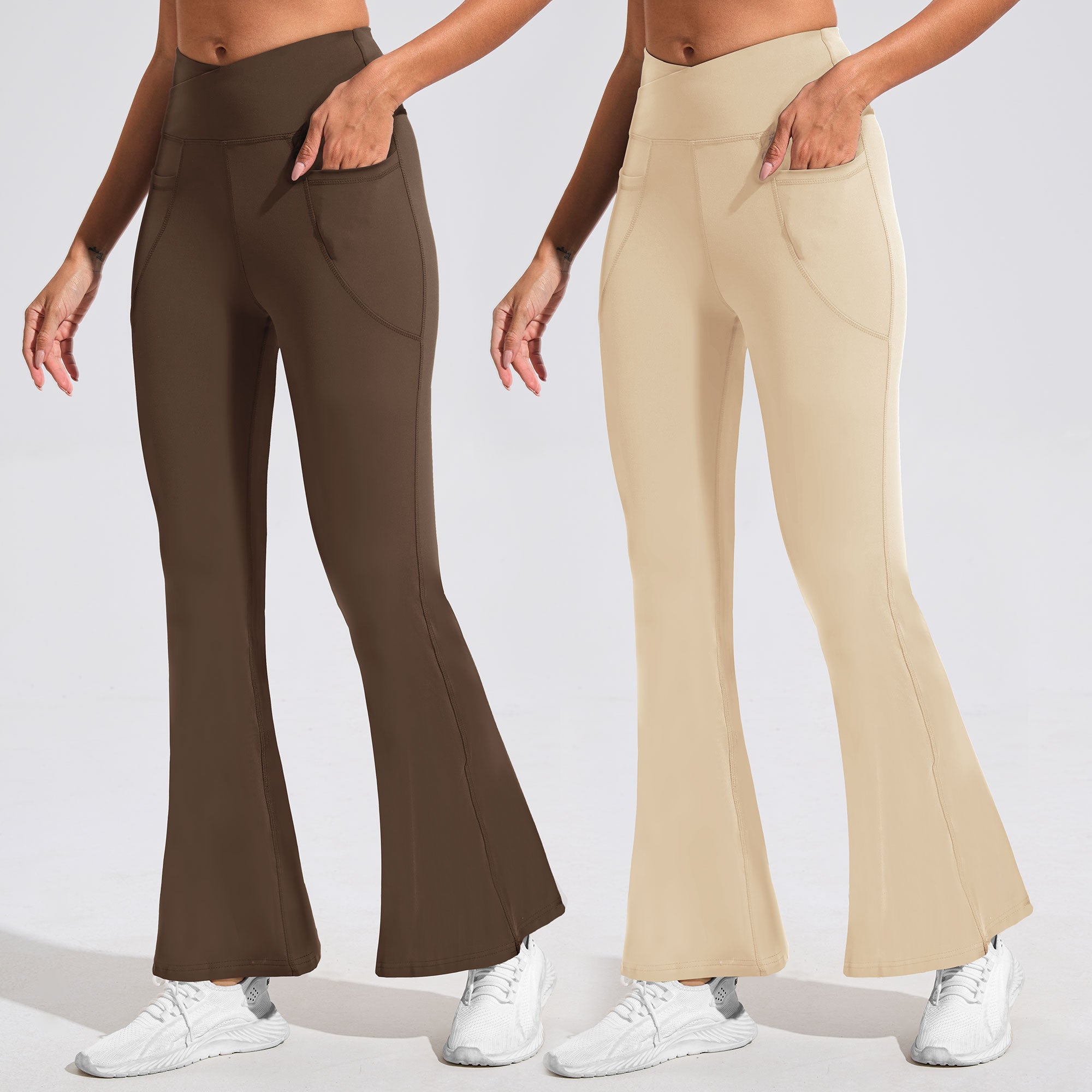 SHOWITTY 2-Pack Flare Leggings for Women with Pockets – Crossover High-Waisted Black Workout Yoga Pants
