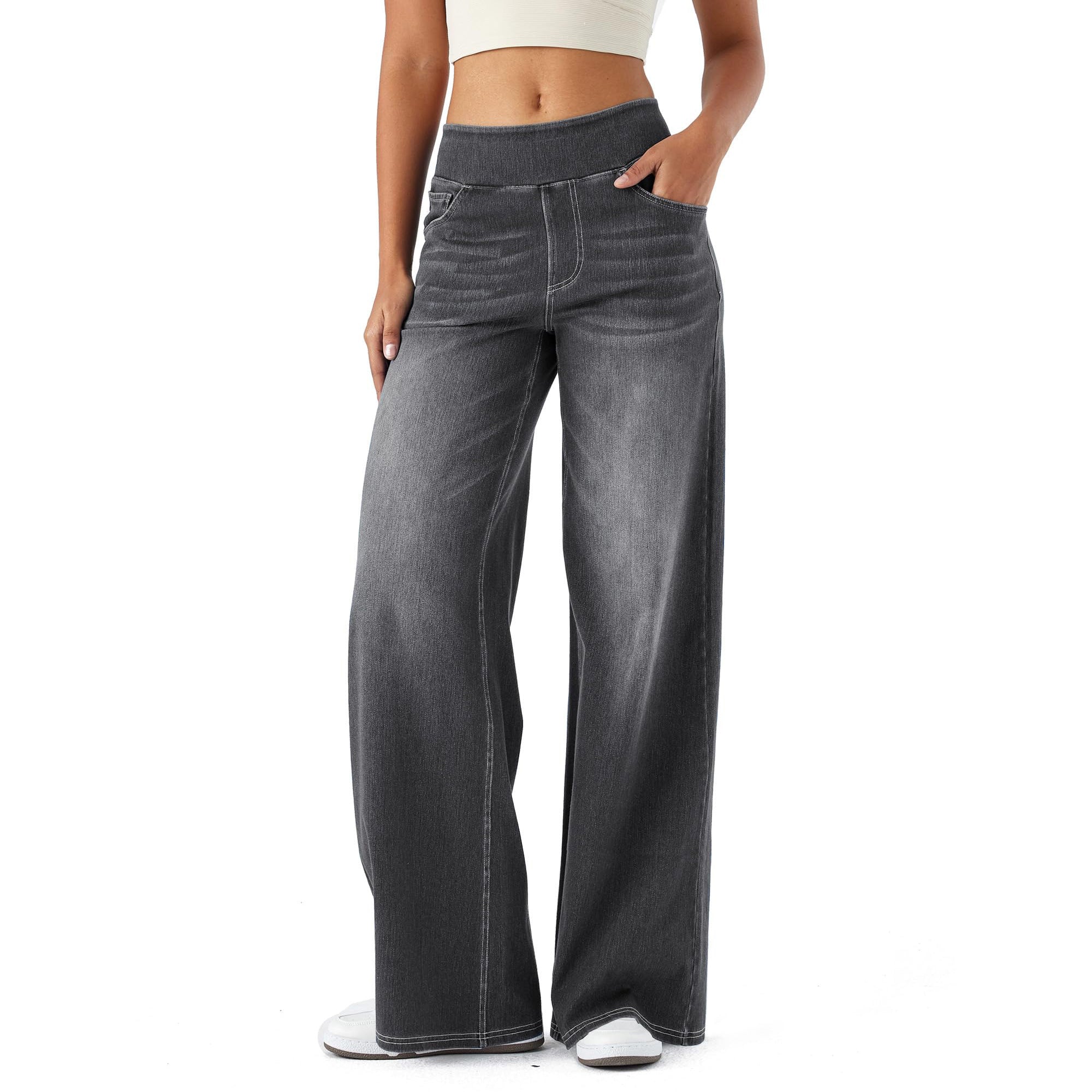 SHOWITTY Women’s High-Waisted Wide-Leg Jeans | Crossover Flared Jeans – Stretchy Denim Pants