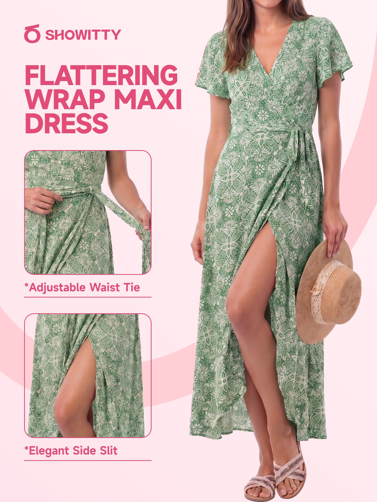 SHOWITTY Womens Floral One-Piece Wrap Maxi Dress Boho V Neck Tie Waist Split Summer Beach Dress