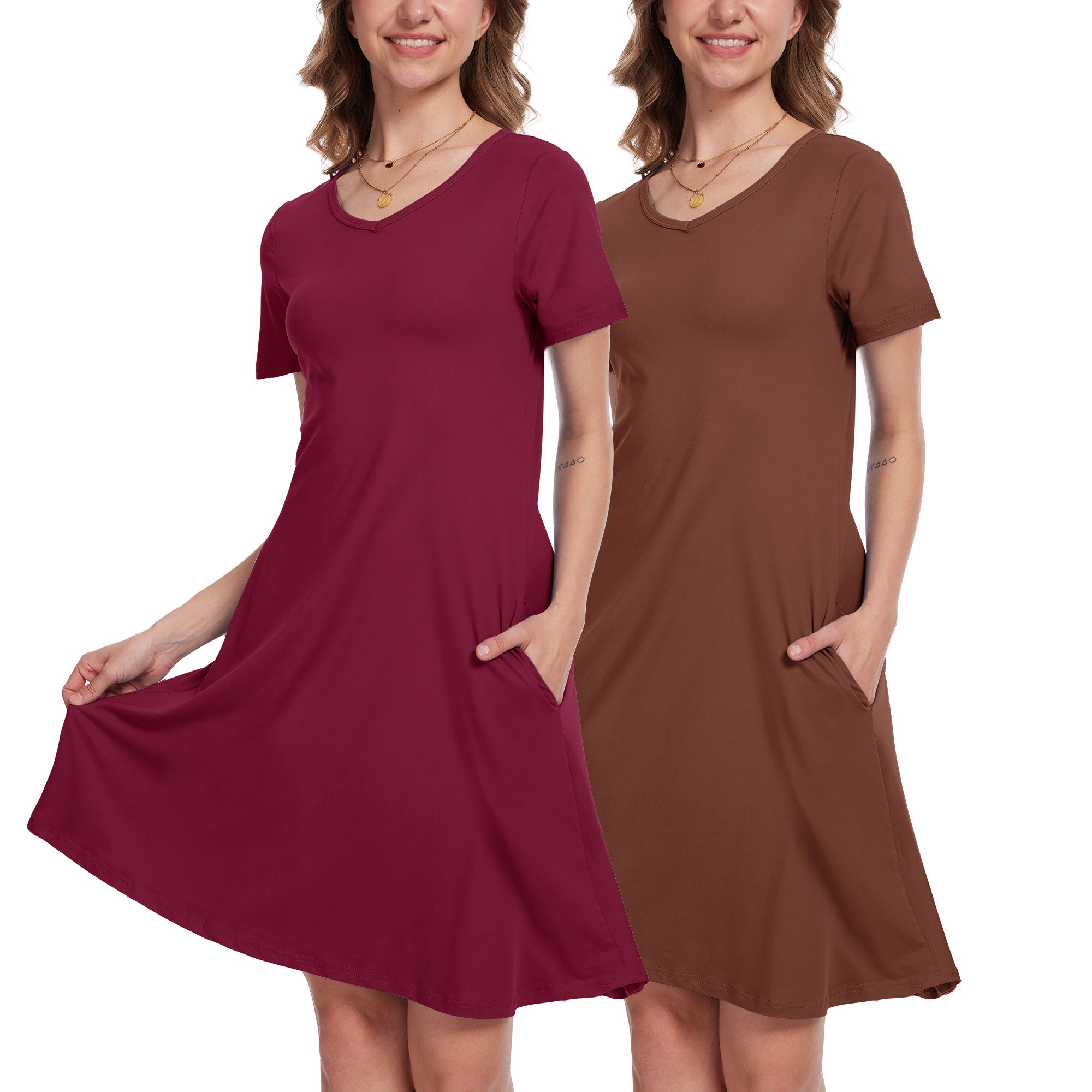 SHOWITTY 2-Pack Women's Casual T-Shirt Dresses with Pockets, Short Sleeves, Relaxed Swing Fit, Summer Wear, Available in Sizes S to 3XL - Womenswear