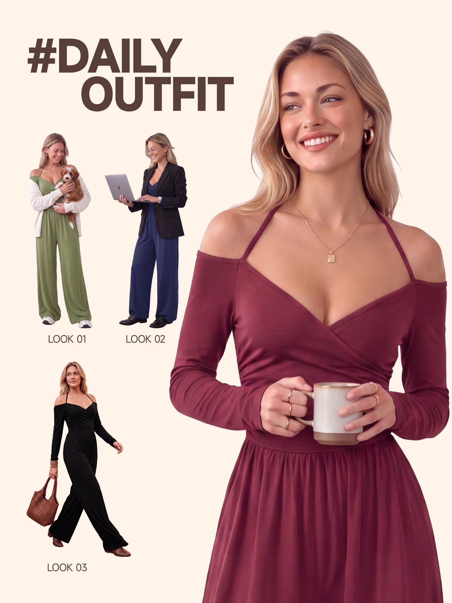 【One & Done】SHOWITTY Womens Long Sleeve Wide Leg Jumpsuit Off Shoulder One Piece Outfit Stretchy Casual Romper
