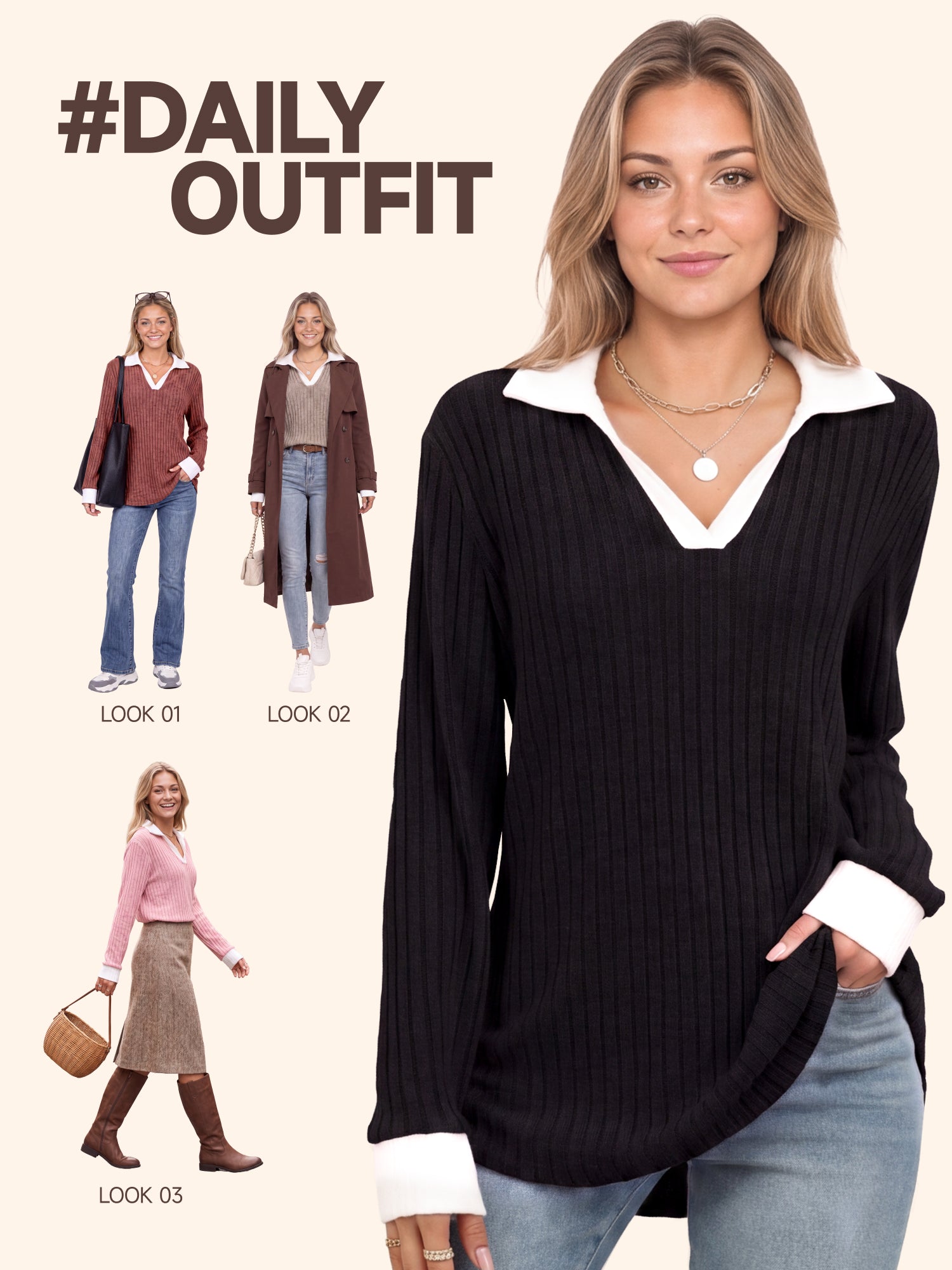 【Soft Layers】SHOWITTY Womens Long Sleeve Knit Polo Shirt Contrast Collar Soft Stretch Pullover Top Casual Blouse