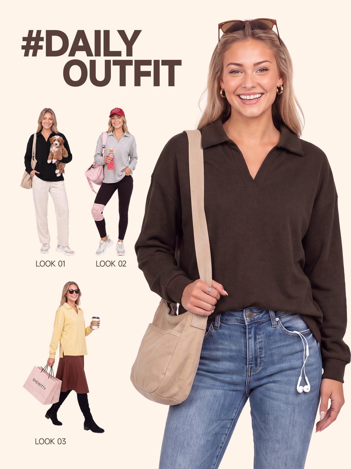 【Everyday Minimal】SHOWITTY Womens V Neck Polo Sweatshirt Long Sleeve Collared Pullover Top High Low Hem Casual Shirt