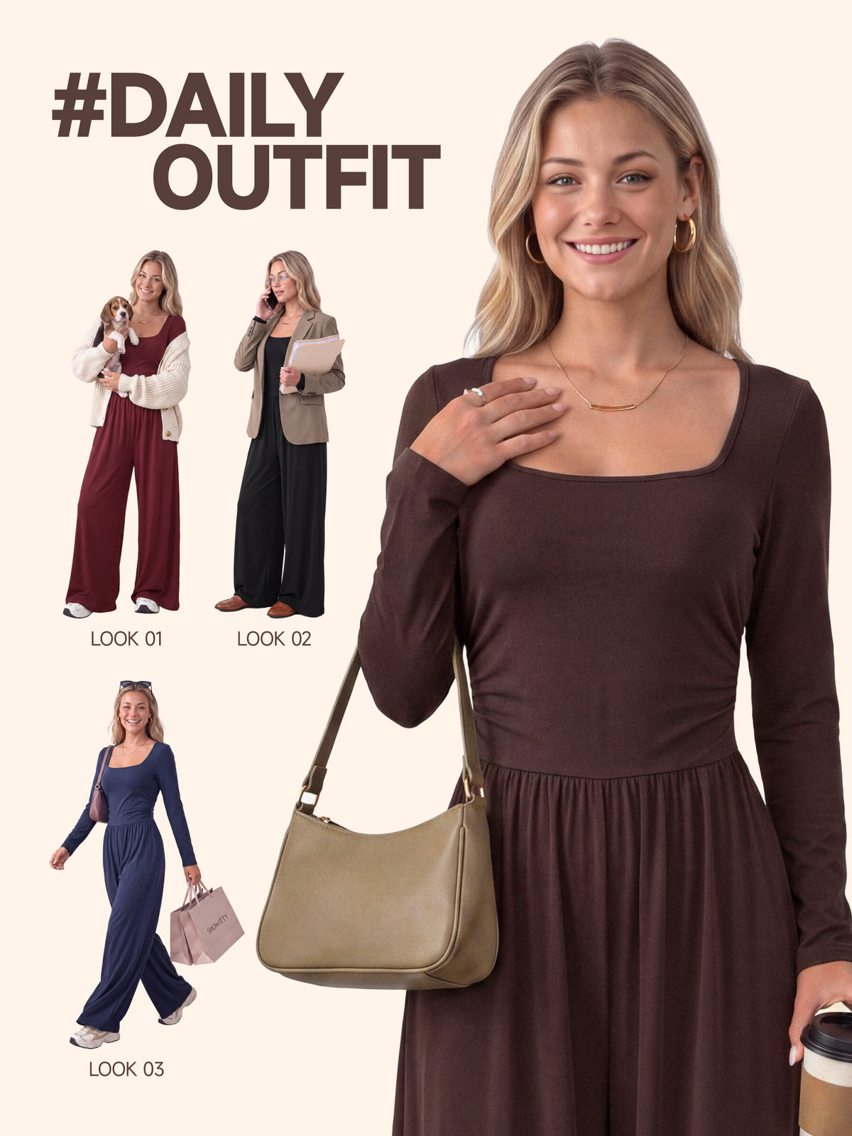【One & Done】SHOWITTY Womens Long Sleeve Wide Leg Jumpsuit Square Neck Stretchy One Piece Outfit Casual Romper