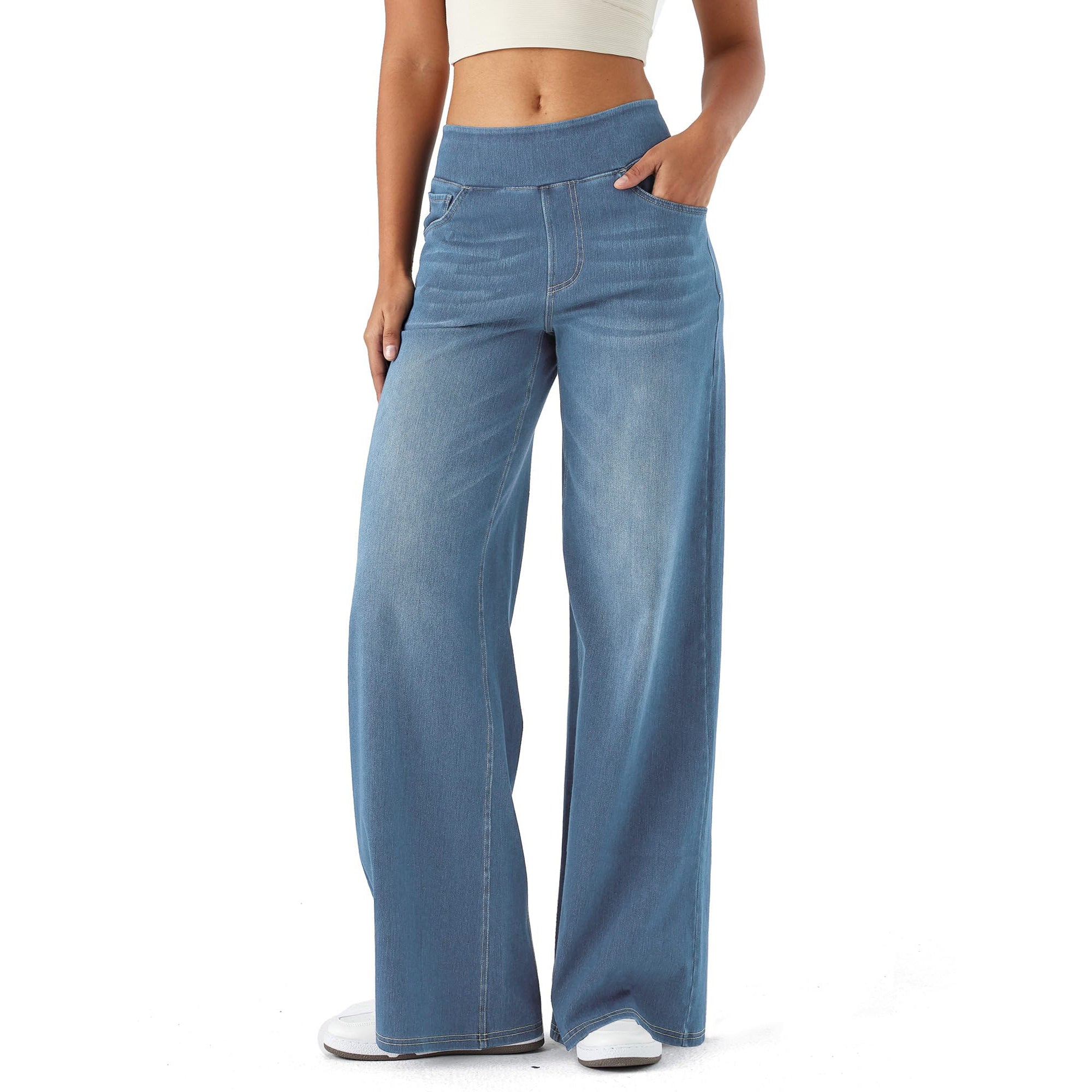 SHOWITTY Women’s High-Waisted Wide-Leg Jeans | Crossover Flared Jeans – Stretchy Denim Pants
