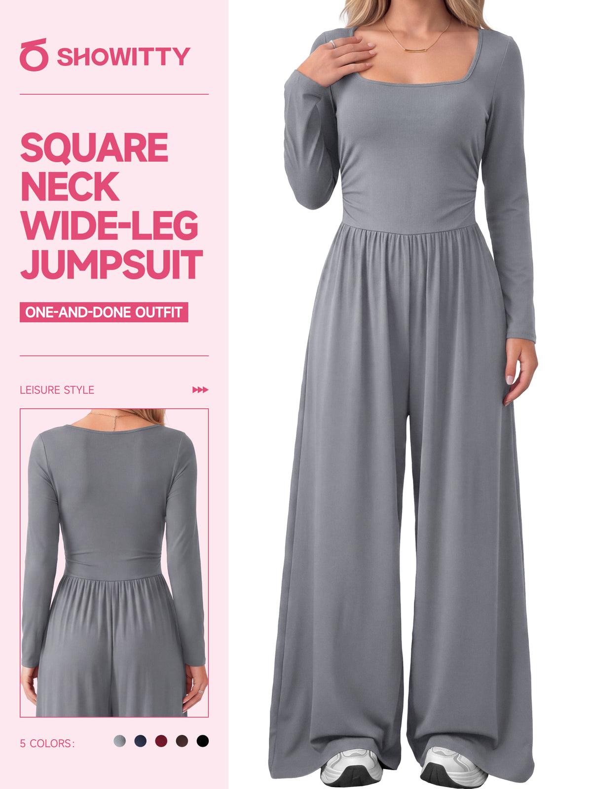 【One & Done】SHOWITTY Womens Long Sleeve Wide Leg Jumpsuit Square Neck Stretchy One Piece Outfit Casual Romper