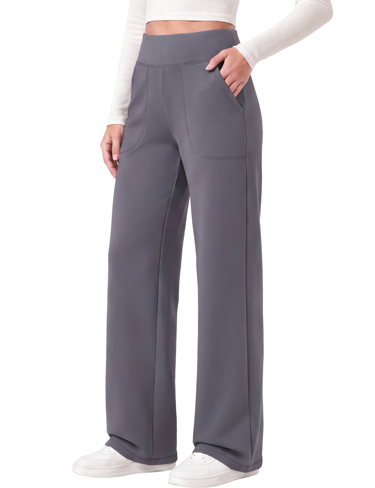 SHOWITTY Womens Fleece Lined Wide Leg Pants High Waisted Drawstring Trousers with Pockets Casual Warm Pants