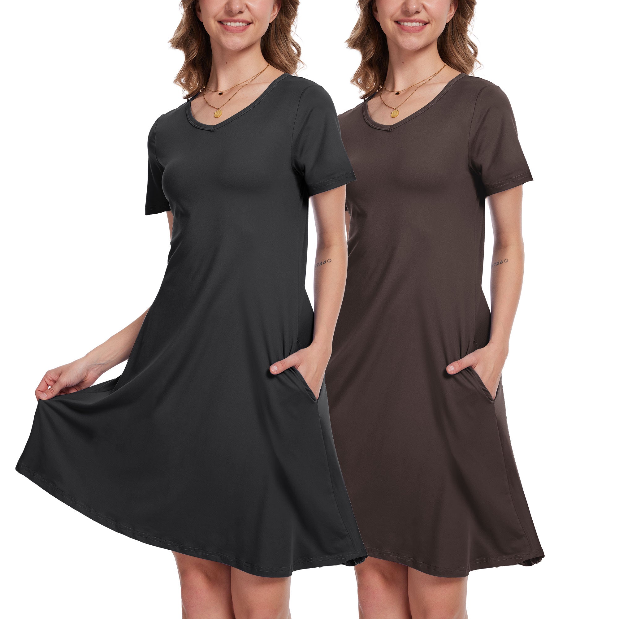 SHOWITTY 2-Pack Women's Casual T-Shirt Dresses with Pockets, Short Sleeves, Relaxed Swing Fit, Summer Wear, Available in Sizes S to 3XL - Womenswear