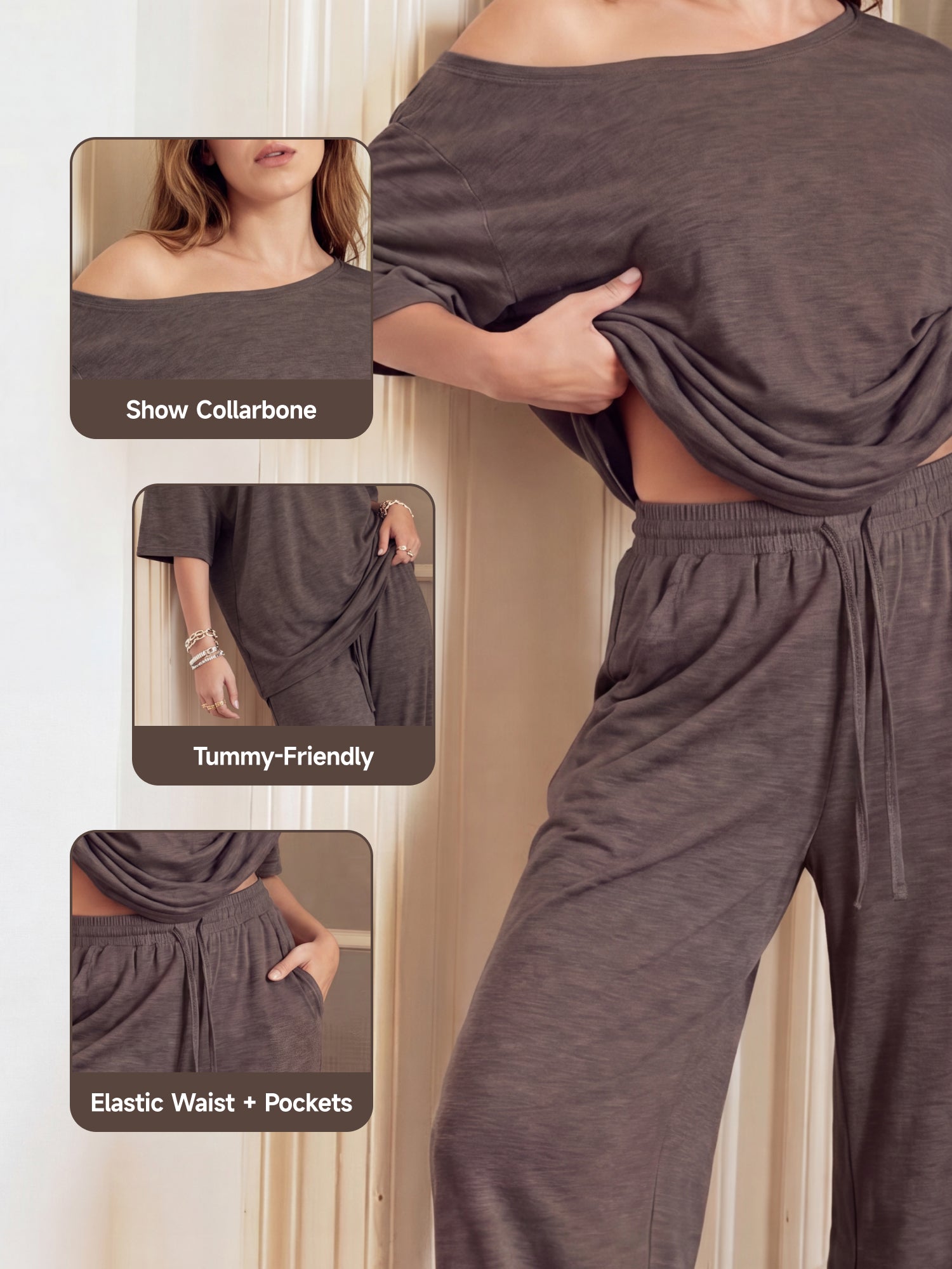 SHOWITTY Womens 2 Piece Outfit, One Shoulder Top Drawstring Wide Leg Pants with Pockets Street wear Set