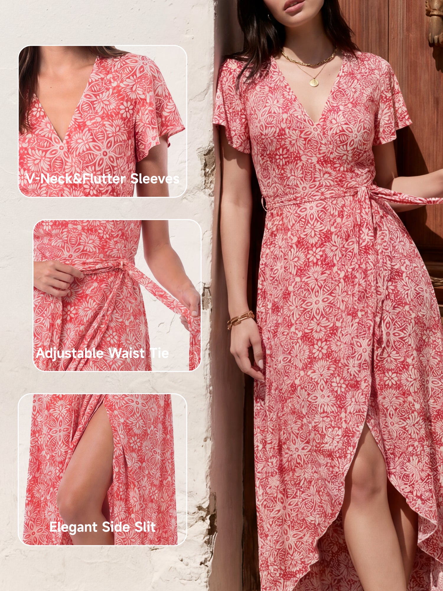 SHOWITTY Womens Floral One-Piece Wrap Maxi Dress Boho V Neck Tie Waist Split Summer Beach Dress