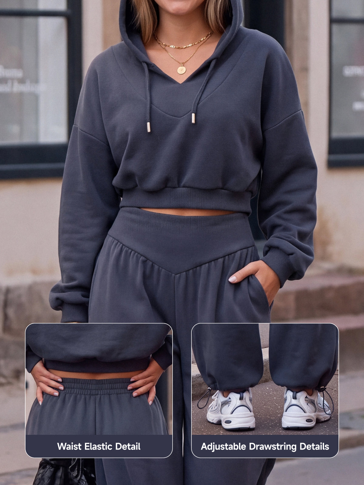 【Ready Together】SHOWITTY Womens Cropped Hoodie Pants Set V Neck Wide Leg Lounge Set Lightweight Casual Two Piece Outfit