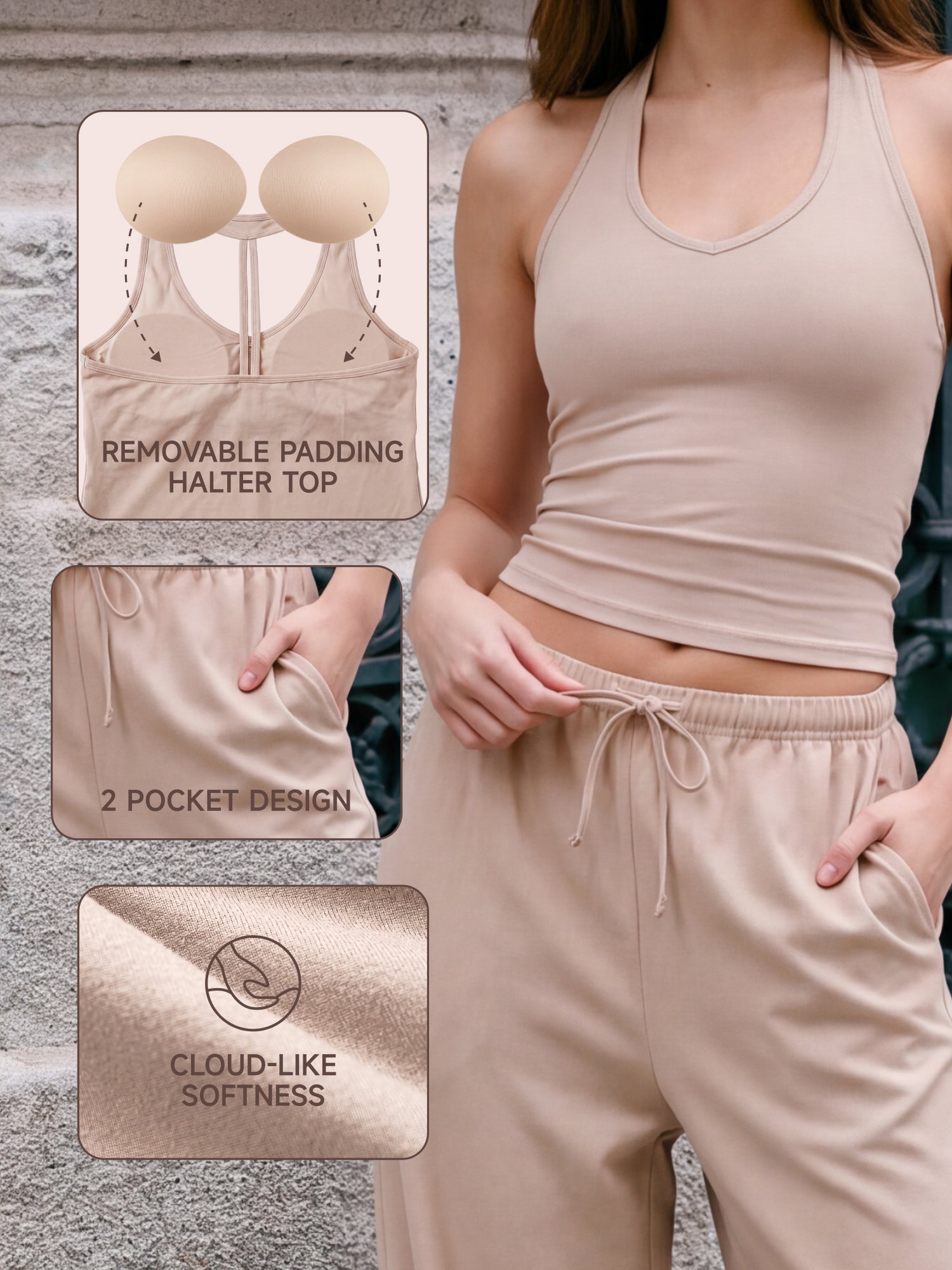 SHOWITTY Womens Athleisure 2 Piece Set, Built-In Bra Tank Top & Wide-Leg Pants with Pockets, Open Back Active Outfit
