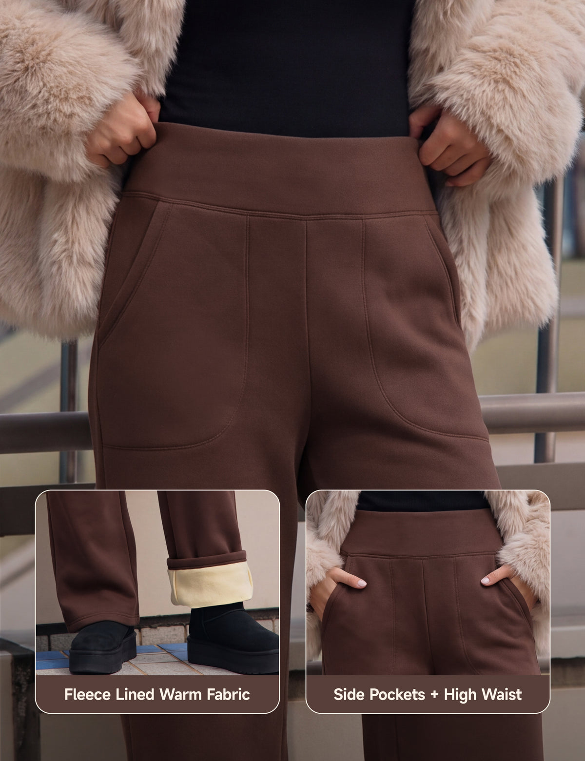 SHOWITTY Womens Fleece Lined Wide Leg Pants High Waisted Drawstring Trousers with Pockets Casual Warm Pants