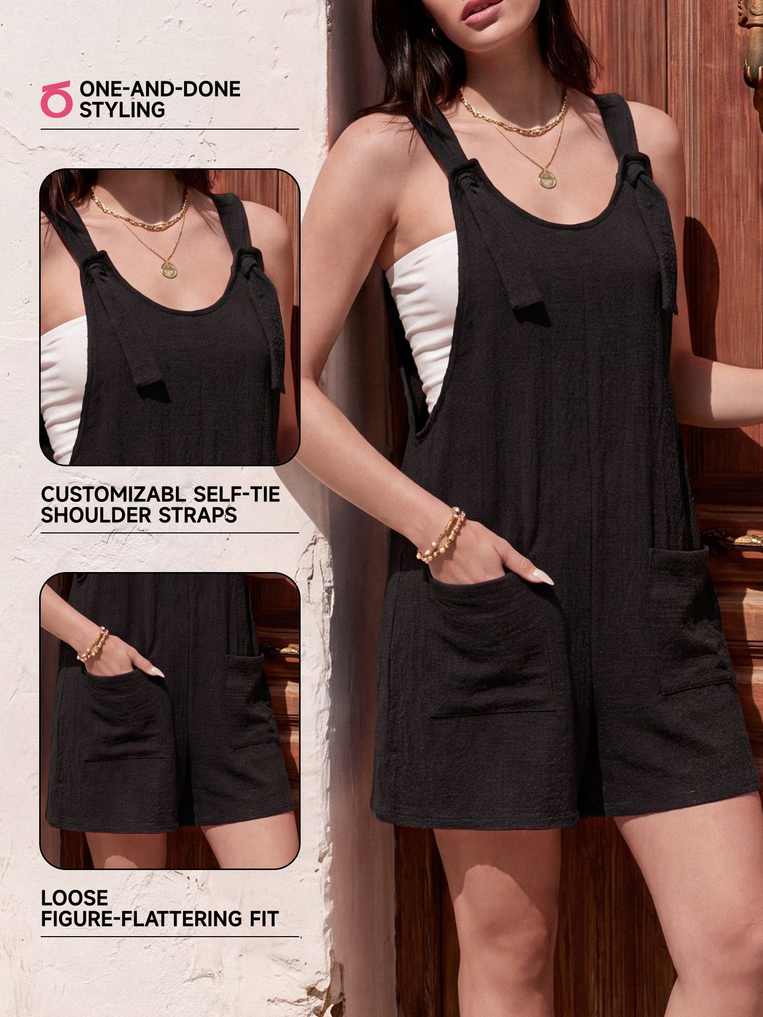 SHOWITTY Womens Sleeveless Romper Casual Loose Fit Adjustable Strap Short Jumpsuit with Pockets